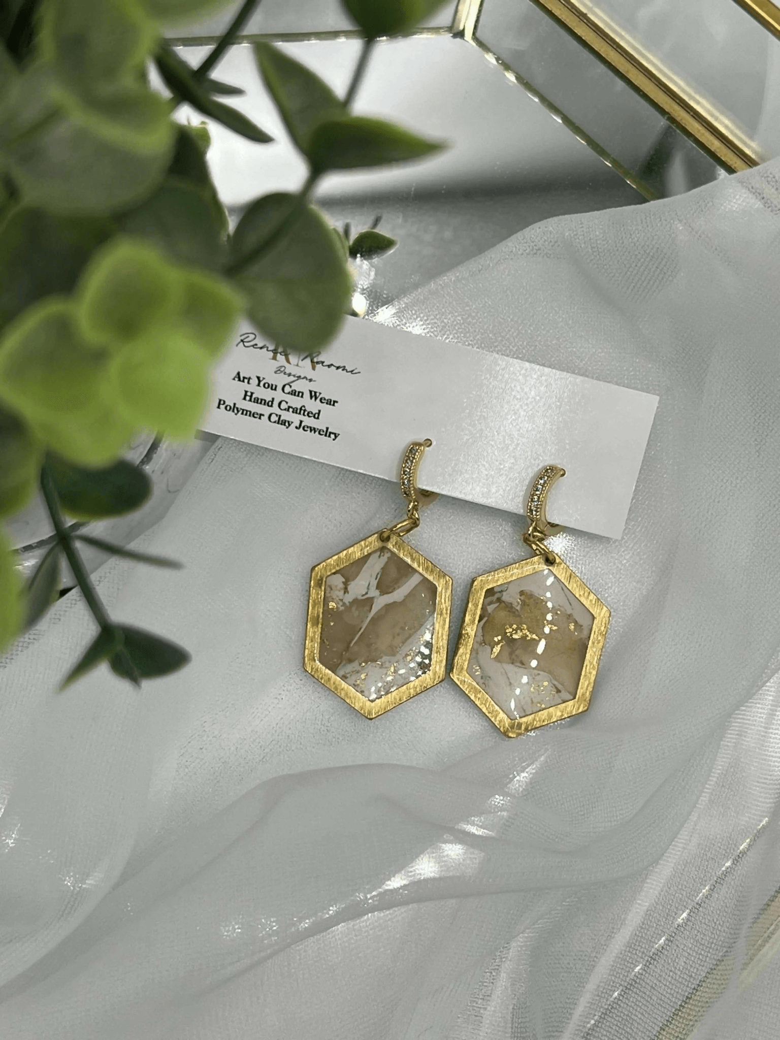 Gold Marbled Earrings with Cubic Zirconia Detail